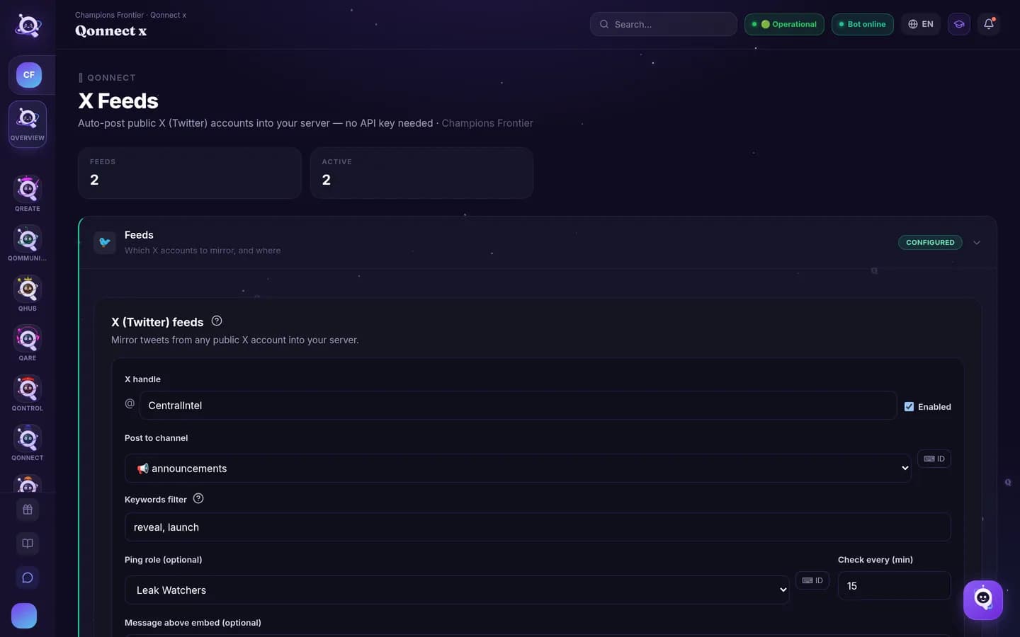 X, Twitch and YouTube, piped into your channels